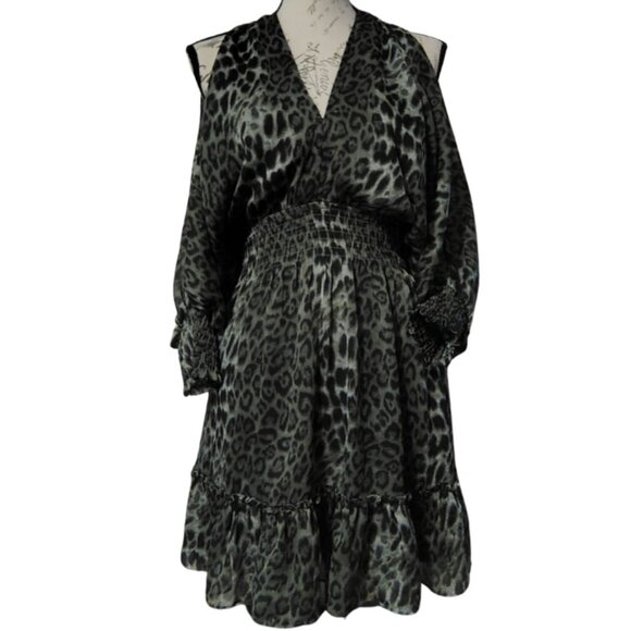 Leopard Print Mini Dress Medium Open Back Ruffle Mob Wife Witchy Indie Sleeze - Picture 1 of 7